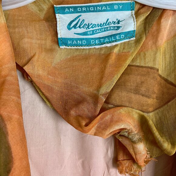 1950s short sleeve belted waist hidden button front orange brown pattern dress - Picture 7 of 16